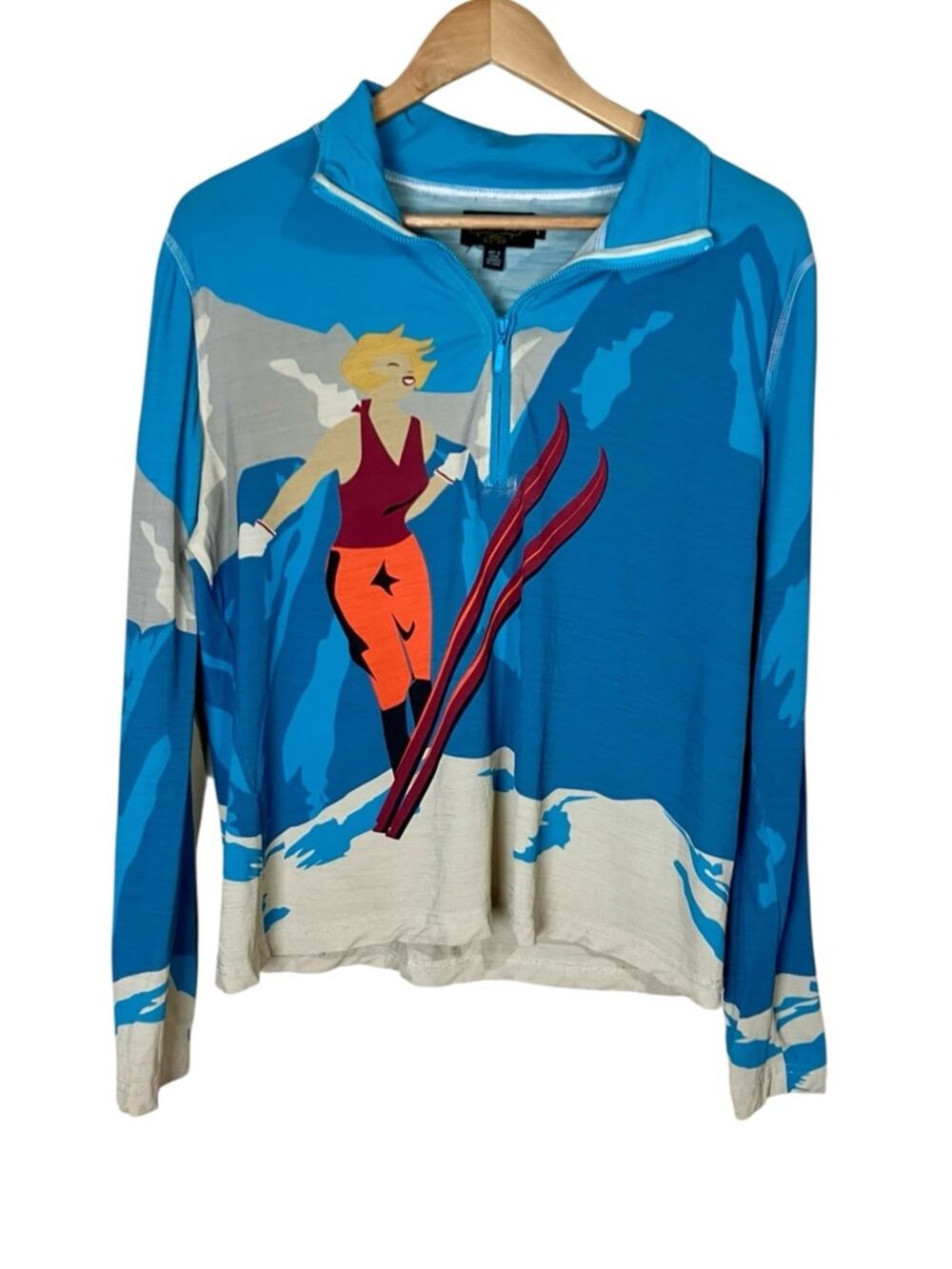 Icelandic Design 1/4 Zip 100% Wool Base Layer Retro Skiing Woman Print Large